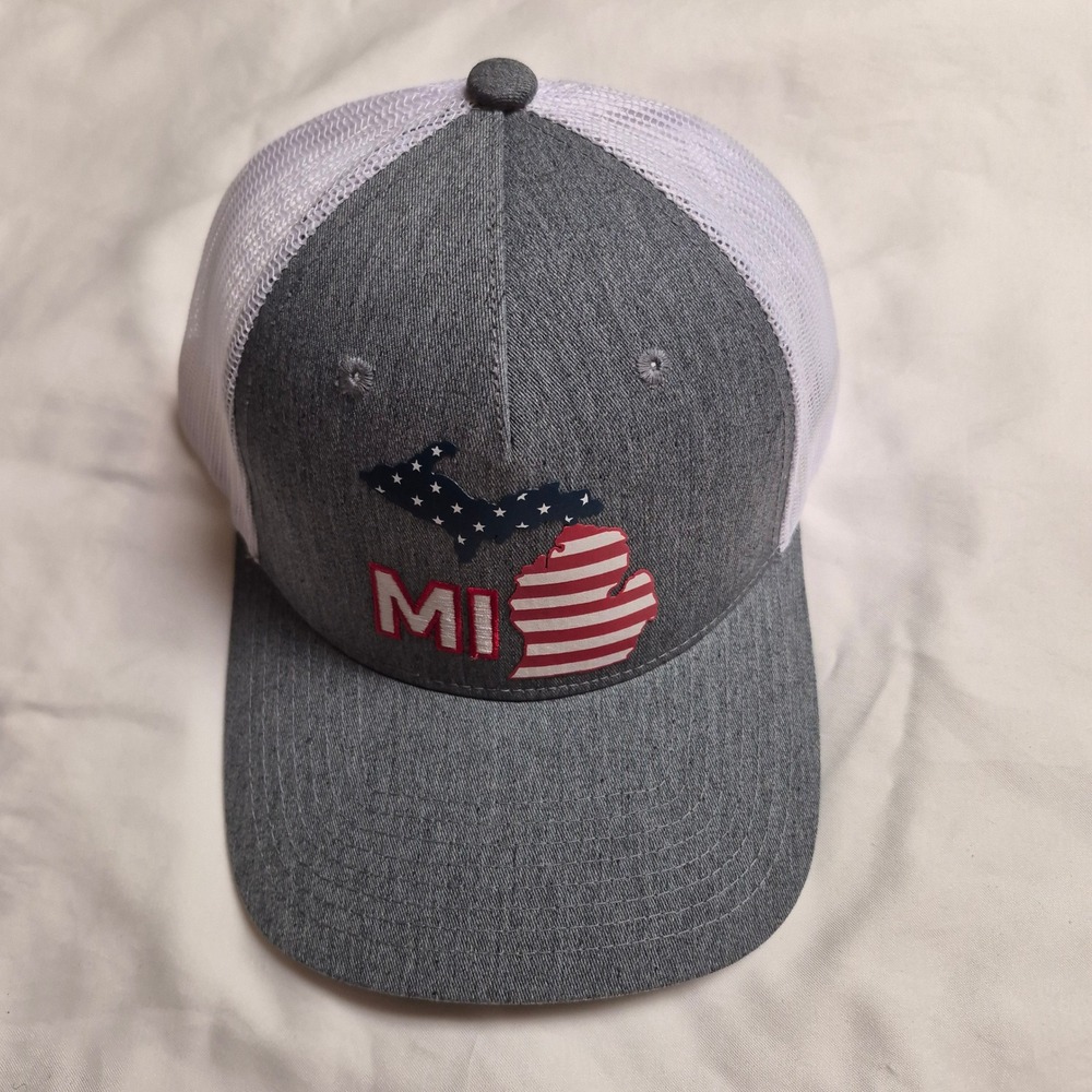 Outdoor Cap Michigan State Map Stars Stripe Gray White Mesh Trucker Snapback Hat